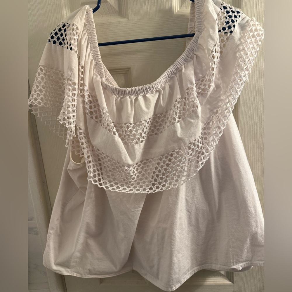 Ashley Stewart Woman’s Plus Size White Mesh Ruffle Blouse size 26/28